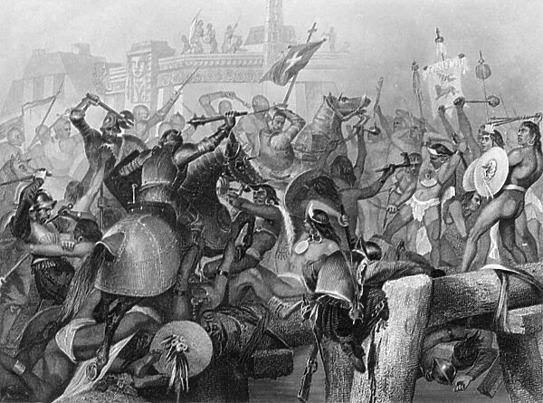 CONQUEST OF MEXICO, 1521. The capture of Mexico City, or Tenochtitlan, by Hernando Cortes and his Spanish conquistadores, 13 August 1521. Steel engraving, American, 1870