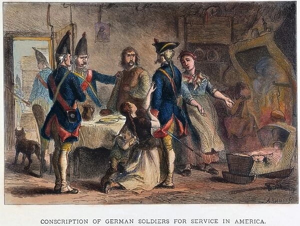 The conscription of Hessians for service alongside the British forces during the American Revolutionary War. Color engraving, 19th century