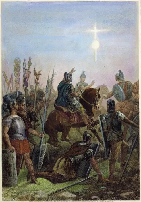 Framed Print : CONSTANTINE CONVERSION. Conversion of Roman Emperor Constantine I (280?-337) at the Milvian Bridge in 312: steel engraving, American, 1869