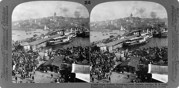 CONSTANTINOPLE: BRIDGE. Crowds on the Galata Bridge in Constantinople, Ottoman Empire