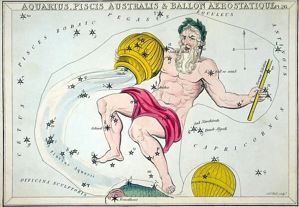 CONSTELLATION: AQUARIUS. Figuration of Aquarius (water-bearer), Pisces Australis (southern fish) and Ballon Aerostatique (hot air balloon). Line engraving by Sidney Hall from Uranias Mirror, London, 1825
