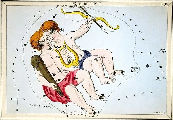 CONSTELLATION: GEMINI. Figuration of the constellation Gemini and the twins, Castor and Pollux. Line engraving by Sidney Hall from Uranias Mirror, London, 1825