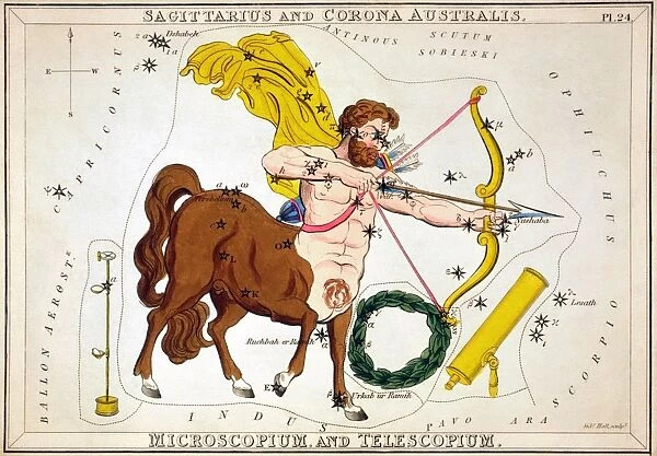 CONSTELLATION: SAGITTARIUS. Figuration of the constellations Sagittarius, Corona Australis, Microscopium, and Telescopium. Line engraving by Sidney Hall from Uranias Mirror, London, 1825