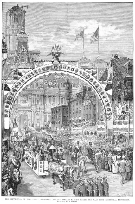 Framed Print : CONSTITUTION CENTENNIAL. Carlisle Native Americans passing under the main arch of the industrial procession during the celebration of the centennial of the signing of the United States Constitution, Philadelphia, Pennsylvania, 15 September 1887