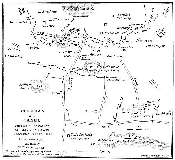 Contemporary map showing the advances of Colonel Theodore Roosevelts Rough Riders at the Battle of San Juan Hill, Cuba, and of other American forces at El Caney, 1 July 1898, during the Spanish-American War