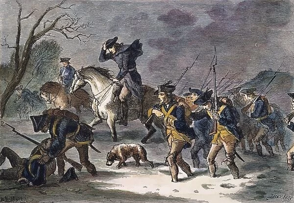 The Continental Amry marching to Valley Forge to take up winter quarters in 1777. Wood engraving, 19th century