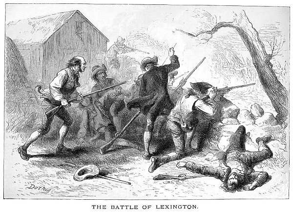 Continental Army soldiers at the Battle of Lexington, 19 April 1775. Wood engraving after Felix O. C. Darley (1822-1888)