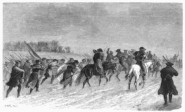 Continental soldiers under Gen. George Washington marching to Trenton, New Jersey, for a suprise attack on the Hessian forces stationed there, December 1776. Line engraving, 19th century
