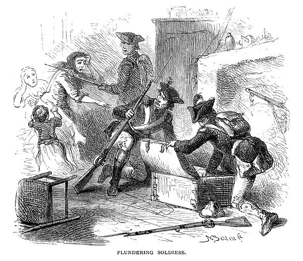 Continental soldiers plunder a Loyalist home during the American Revolution. Wood engraving, American, 19th century