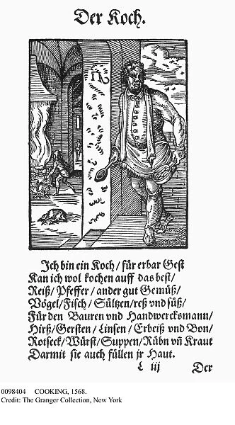 COOKING, 1568. The Cook. Woodcut, 1568, by Jost Amman