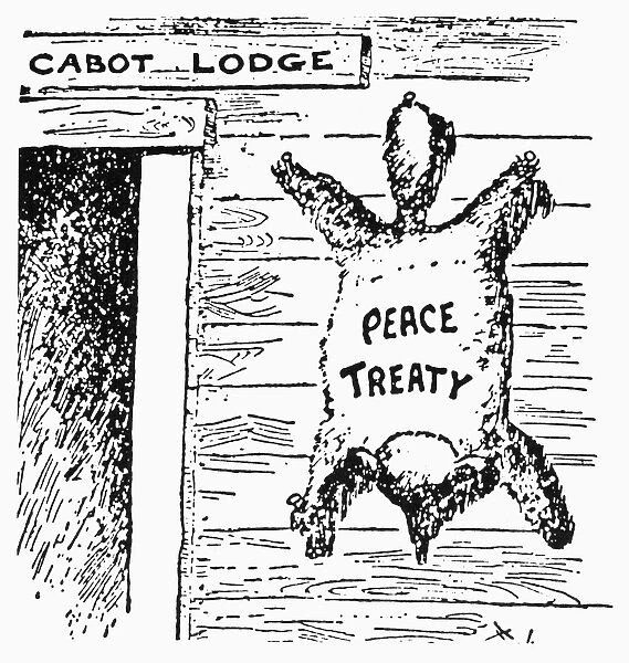 The Coonskin on the Wall. American cartoon, 1920, blaming the demise in the U. S. Senate of the League of Nations on Senator Henry Cabot Lodge, who had appended to the pact 14 reservations deemed unacceptable by the Leagues foremost champion, President Woodrow Wilson
