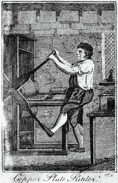 COPPER PLATE PRINTER, 1807. A copper plate printer. Wood engraving from The Book of Trades, by Whitehall, 1807