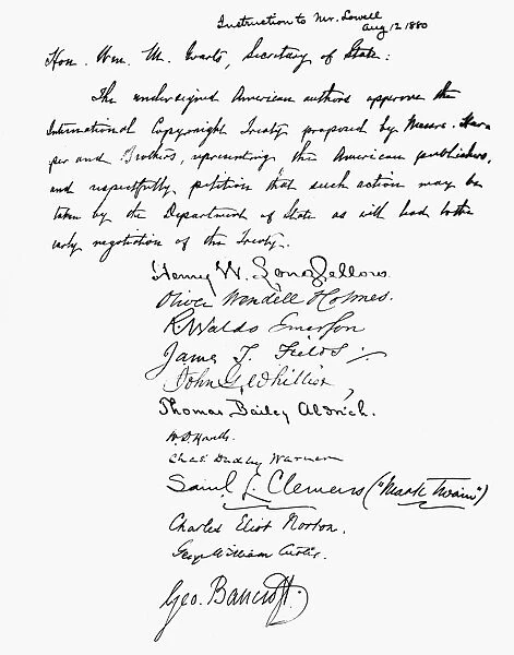 COPYRIGHT PETITION, 1880. Petition submitted by prominent American authors