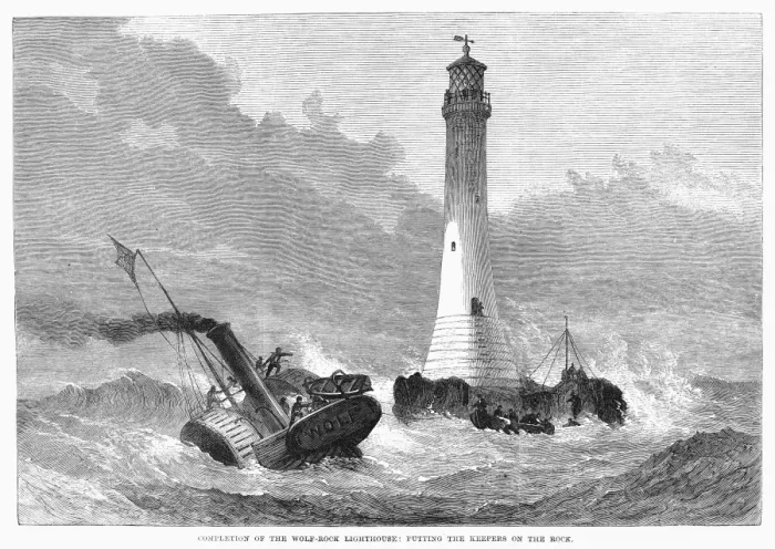 Framed Print : CORNWALL: LIGHTHOUSE, 1870. Putting the keepers on the newly completed Wolf Rock lighthouse 8 miles off Lands End, Cornwall, England. Wood engraving from an English newspaper of 1870