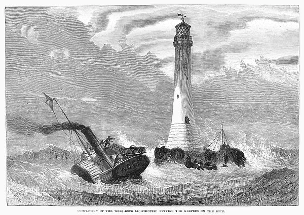 CORNWALL: LIGHTHOUSE, 1870. Putting the keepers on the newly completed Wolf Rock lighthouse 8 miles off Lands End, Cornwall, England. Wood engraving from an English newspaper of 1870
