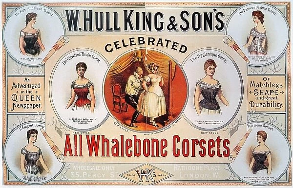 CORSET AD, 1898. English advertisement, 1898, for the celebrated whalebone corsets manufactured by W. Hull King & Son of London