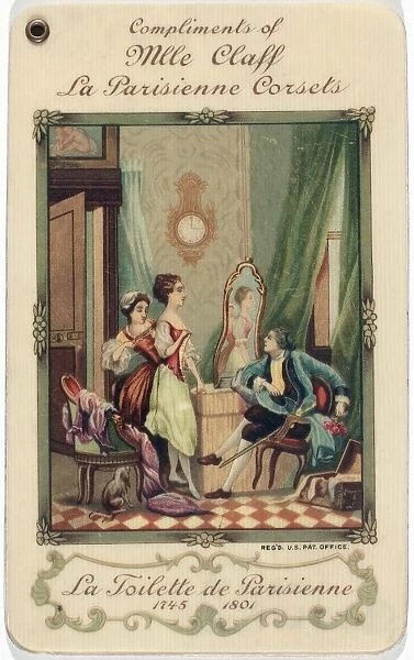 CORSET TRADE CARD, 1912. American merchants trade card, 1912, for Mademoiselle Claffs La Parisienne corsets