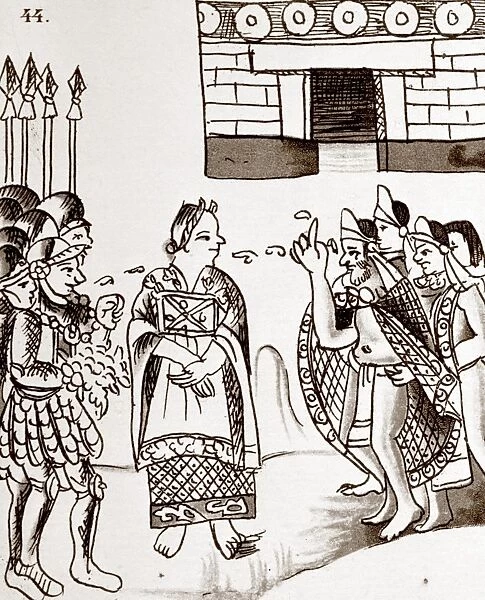 CORTES & MONTEZUMA, 1519. Dona Marina (center) interpreting during the meeting of Montezume II (right) and Hernan Corts at Tenochtitlan, November 1519. Aztec drawing from the Codex Florentino, c1540