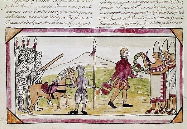 CORTES AND TLAXCALANS. Spanish conqueror Hernando Cortes receiving a beaded necklace