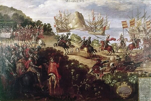 CORTEZ LANDING, 1519. Hernando Cortes landing at Veracruz, spring 1519. Mexican painting