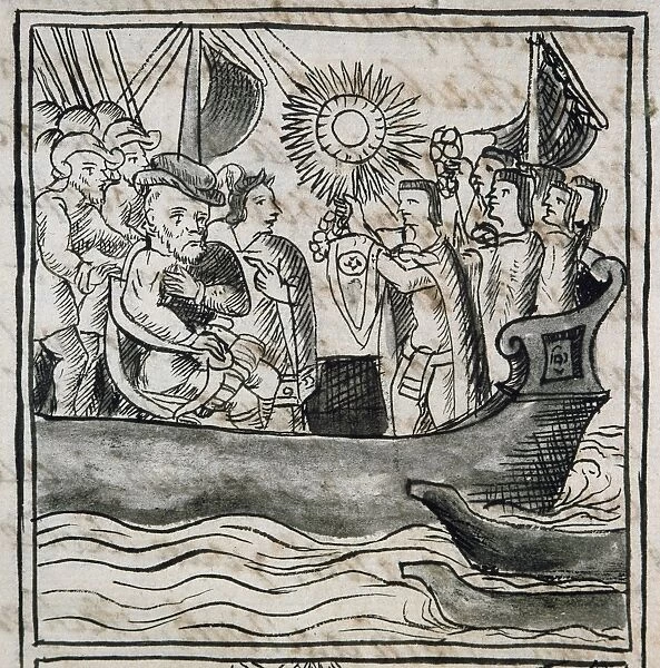 CORTEZ AT VERACRUZ, 1519. Hernando Cortes receiving tribute in his boat at the