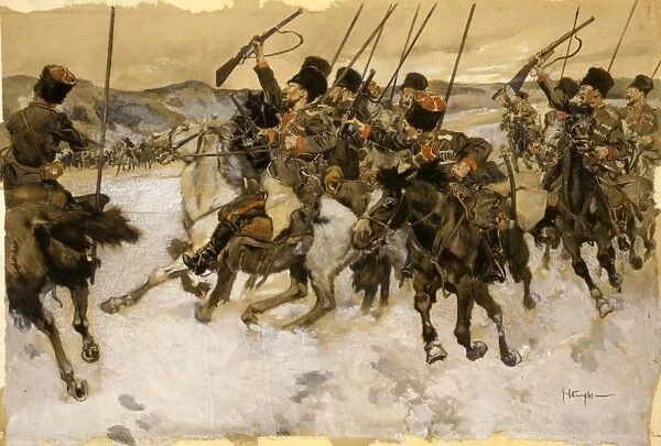 COSSACKS ATTACKING A TRAIN. Group of cossacks attacking a baggage train