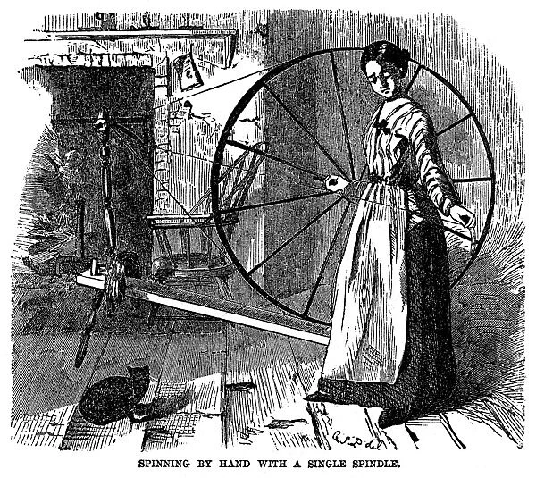 COTTON: HAND-SPINNING. Spinning by hand with a single spindle. Line engraving, 19th century