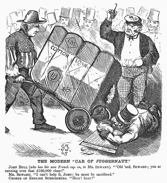 COTTON LOAN CARTOON, 1865. The Modern Car of Juggernaut. American cartoon, 1865, on the refusal by the U. S. government, in the person of Secretary of State William Seward (left), to honor the cotton loan which European investors had extended to the Confederate states during the recently concluded American Civil War