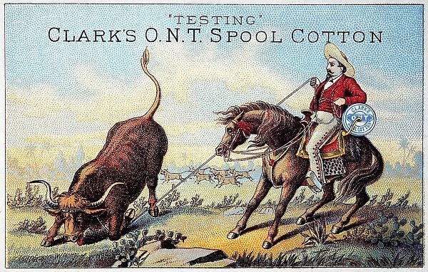 COTTON THREAD TRADE CARD. American advertising trade card for Testing Clarks O. N. T. Spool Cotton, c1880