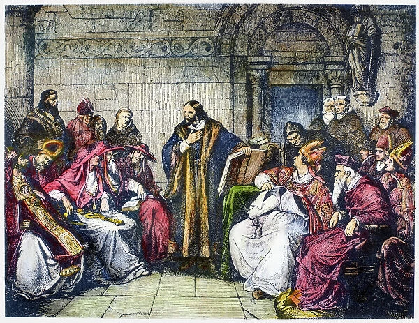COUNCIL OF CONSTANCE, 1414. Bohemian religious reformer Jan Hus (c1369-1415) at the Council of Constance, 1414. Wood engraving, 19th century