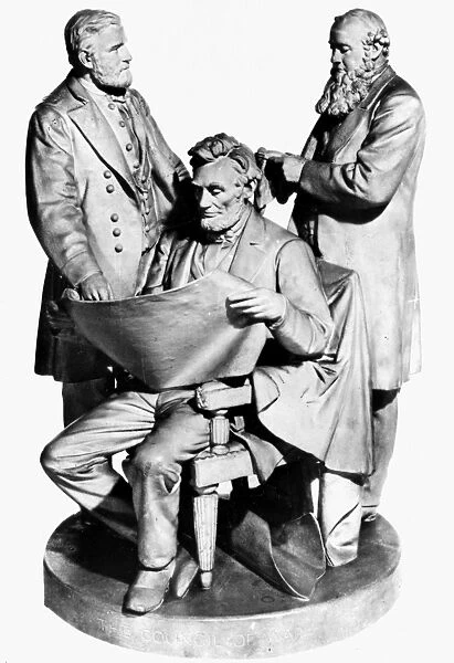 COUNCIL OF WAR. The Council of War. General Ulysses S. Grant, Secretary of War Edwin Stanton, and President Abraham Lincoln. Plaster group by John Rogers, 1868
