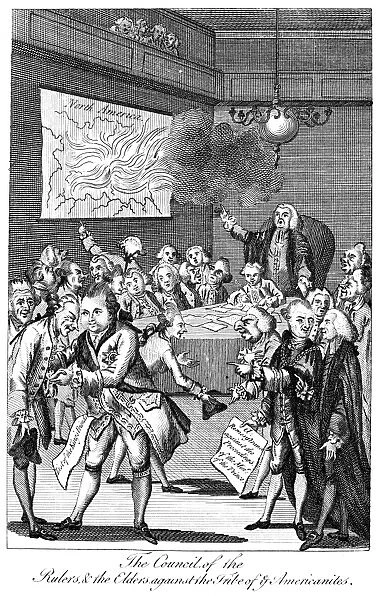 The Councils of the Rulers, & the Elders against the Tribe of the Americanites. A satirical English engraving from the beginning of the American Revolutionary War showing John Wilkes (second from right) pointing to Lord Frederick North, who offers a bribe, and other ministers wrangling while North America bursts into flame