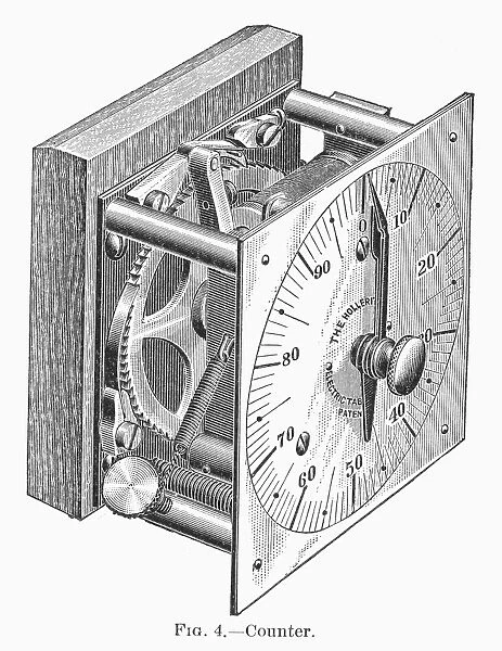Counter from a Hollerith census tabulator, used in the U. S. Census of 1890. Contemporary American wood engraving