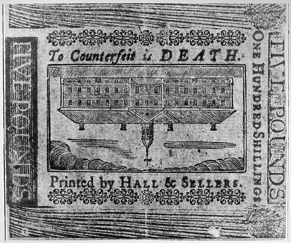 TO COUNTERFEIT IS DEATH. Detail from a 5 pound note printed by Hall & Sellers
