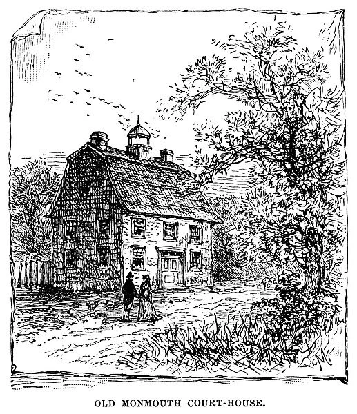 The court house where the Battle of Monmouth Court House in New Jersey took place during the American Revolution, on 28 June 1778. Wood engraving, 19th century