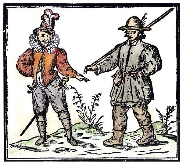 COURTIER AND COUNTRY MAN. Woodcut from Robert Greenes A Quip for an Upstart Courtier