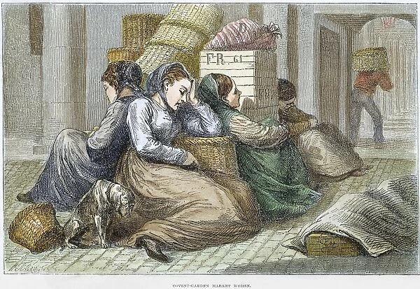 COVENT GARDEN WOMEN, 1873. Market women at Covent Garden, London, England. Wood engraving, English, 1873