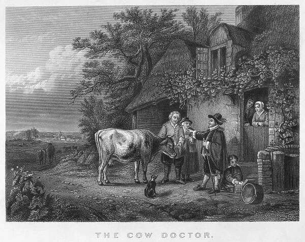 The Cow Doctor. Steel engraving, 19th century, after a painting by the Belgian artist Charles Philog├¿ne Tschaggeny