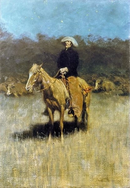 COWBOY SINGING. A cowboy singing to his herd at night. Oil on canvas by an unknown American artist, late 19th or early 20th century