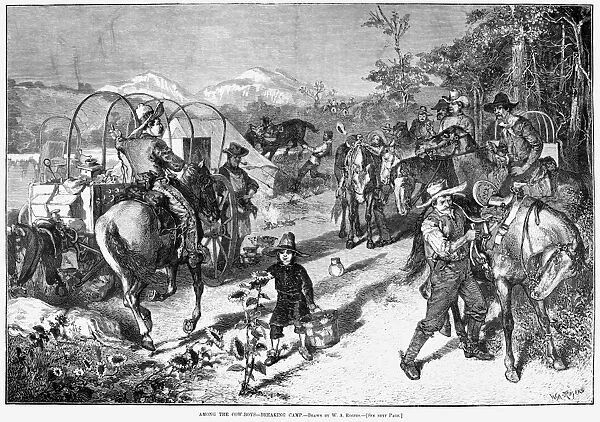 COWBOYS, 1880. Among the cow-boys - Breaking camp. Engraving, 1880