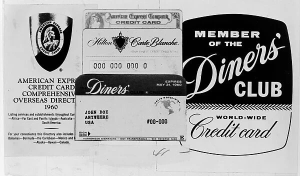 CREDIT CARDS, 1960. A montage of credit cards, including American Express and Diners Club