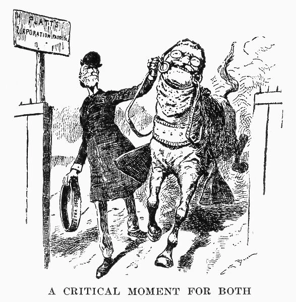 A Critical Moment for Both. Senator Platt trying to lead the bronco (Roosevelt) into the corporation paddock during the extra session the Legislature called to deal with the proposed franchise tax. Contemporary American cartoon