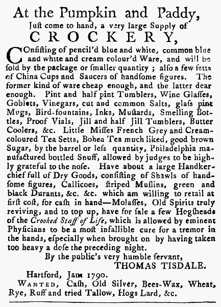 CROCKERY AD, 1790. Connecticut newspaper advertisement, 1790