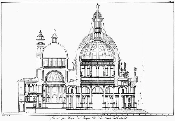 Cross section of the Basilica di Santa Maria Della Salute in Venice, Italy, designed by Baldassare Longhena, 17th century