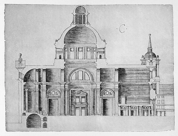 Cross section of the basilica along its major axis of El Escorial palace monastery in Spain. Drawing by architect Juan de Herrera, c1570