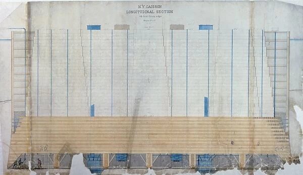 Cross-section of the caisson and masonry foundation of the Brooklyn Bridge, c1870