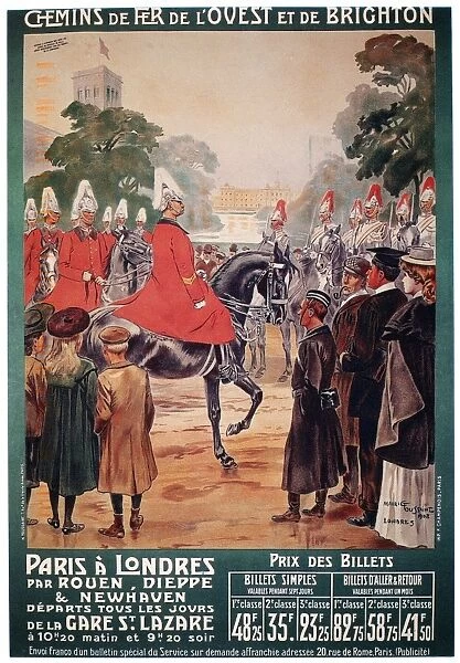 Crowds admiring the Horse Guards at St. James Park in London, England, on a French railway poster of 1908 promoting travel between Paris and London