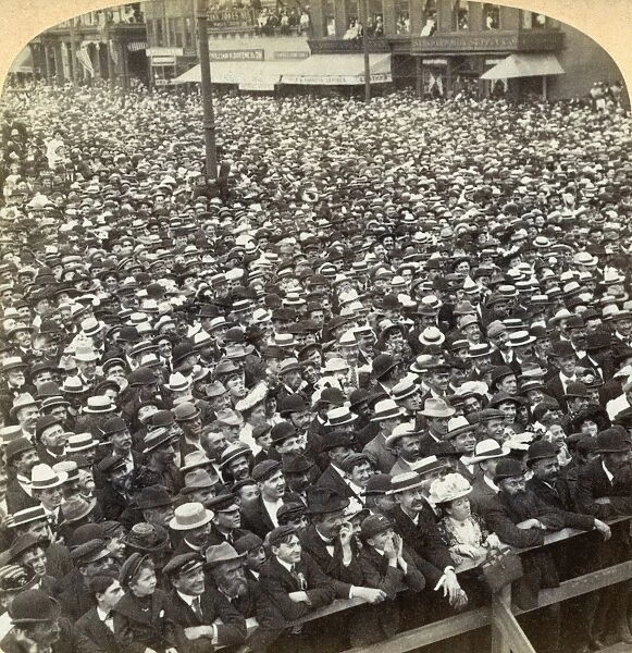 Crowds outside City Hall in Providence, Rhode Island, listening to a speech by U. S. President Theodore Roosevelt attacking trusts, 23 August 1902. Stereograph