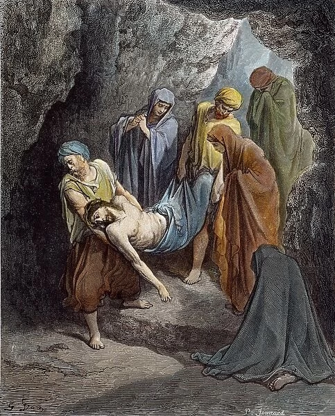 The crucified Jesus is laid to rest in the sepulchre (John 19: 41-42). Wood engraving, 19th century, by Paul Jonnard after Gustave Dor