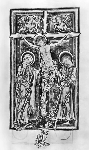 CRUCIFIXION, c1250. Illumination from a Psalter, c1250, produced for the Benedictine